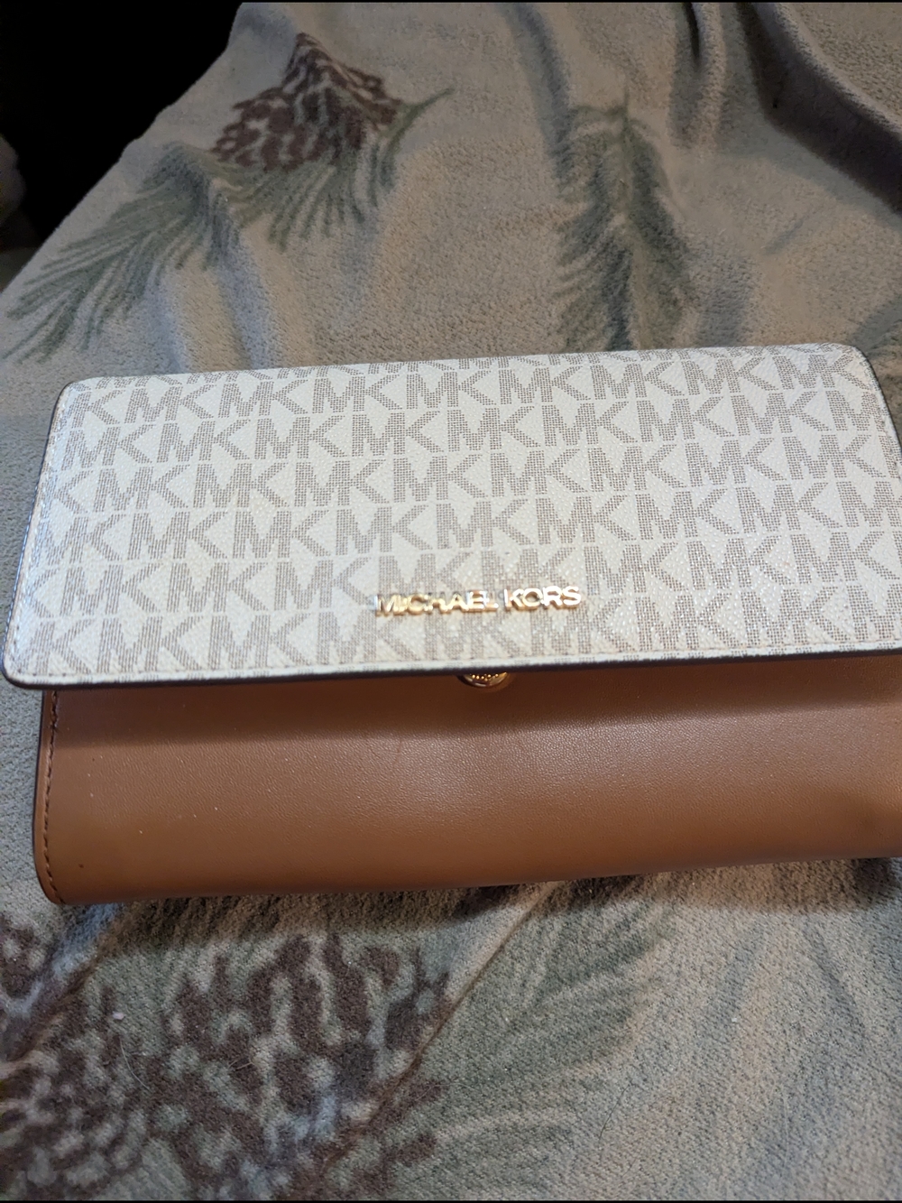 Michael Kors White MK Logo Flap Wallet with Brown Body